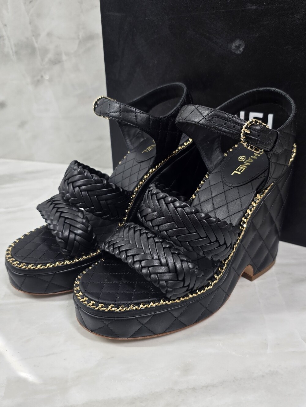 Chanel Black Quilted Braided Leather Platform Sandals